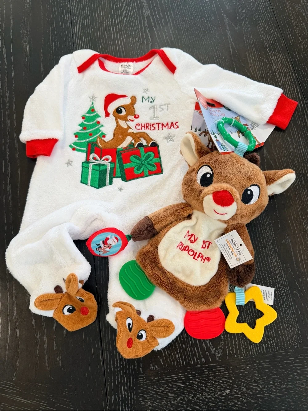 My 1st Christmas Rudolph Pajama Set - White & Red Holiday Sleepwear with Plush